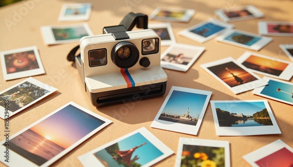 Fototapeta Polaroid camera with scattered instant photos on a table
