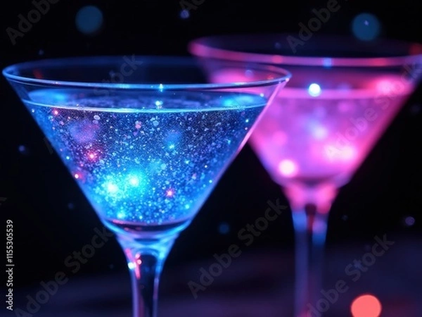 Obraz Cocktails with glowing liquid with a pink and blue glow. Symbol of the party