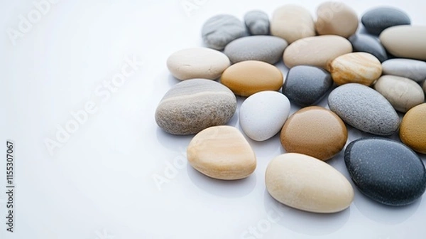 Fototapeta Collection of Smooth Pebbles on White Background for Decorative and Natural Elements in Home or Garden Design, Perfect for Craft and Art Projects