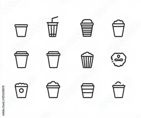 Fototapeta Set of modern flat line fast food icons featuring burger, combo lunch, french fries, hot dog, sauce, salad, soup, and pizza. Designed as thin signs for restaurant menus, pixel perfect at 64x64 with