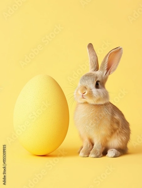 Fototapeta Playful bunny beside a large pastel yellow egg in a bright setting during spring