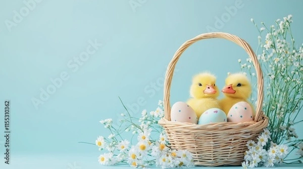 Obraz Wicker basket filled with pastel Easter eggs and fluffy ducklings in a serene spring setting