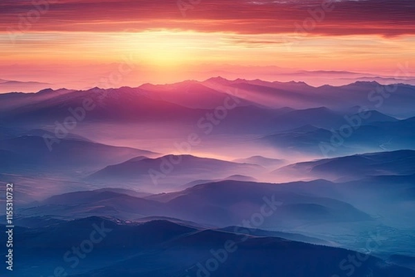 Fototapeta Plane is flying over mountain peaks in low clouds at golden sunrise. Top view of passenger airplane, colorful sky, hills in fog. Aircraft is taking off. Business travel. Commercial. Aerial view