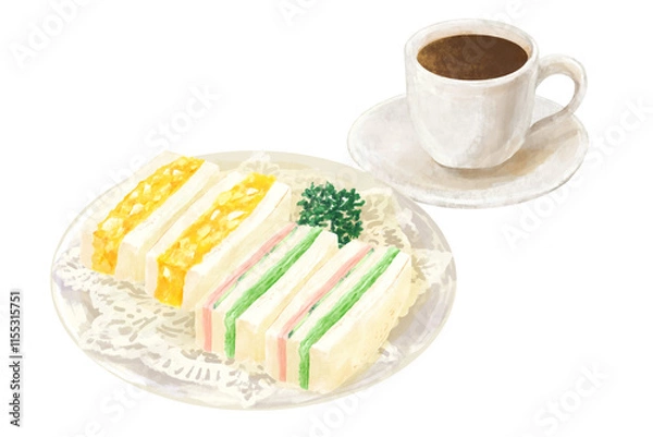 Obraz 喫茶店のコーヒーとサンドイッチのセット