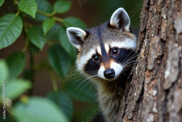 Obraz Raccoon Hiding Behind a Tree