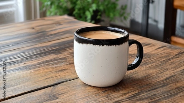 Fototapeta A ceramic mug filled with coffee sits on a wooden table, inviting relaxation.