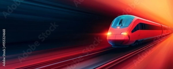 Fototapeta A vibrant, futuristic train speeding along a track, surrounded by dynamic light trails in shades of red and blue, conveying motion and energy.