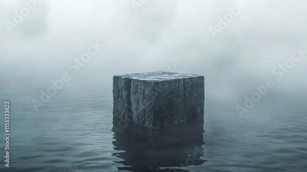 Fototapeta Weathered stone podium in tranquil water, obscured by swirling mist and dim light 