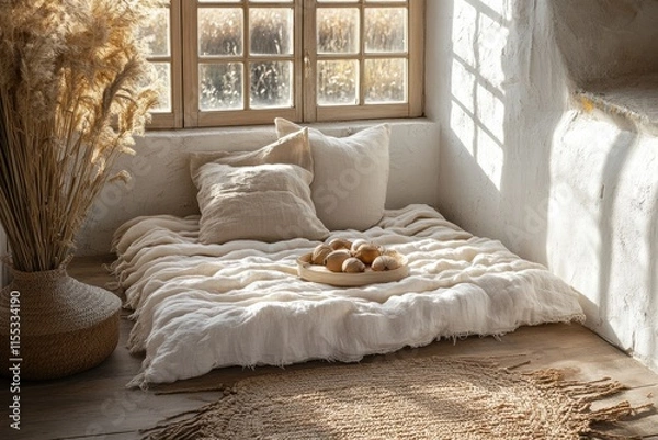 Fototapeta Cozy Bohemian Bedroom Corner with Linen Bedding and Natural Decor