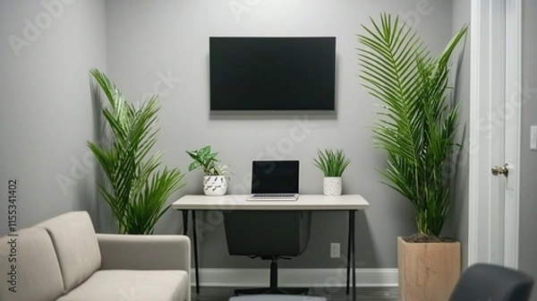 Fototapeta A spacious living room featuring a desk and a television set