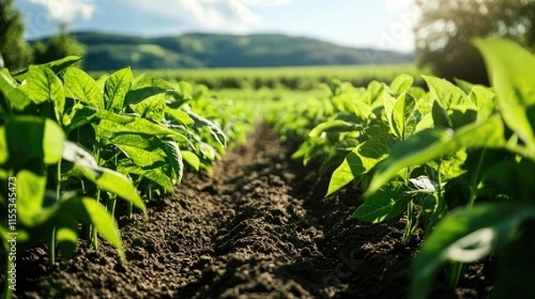 Fototapeta Healthy rows of organic green bean plants thriving in fertile soil under a vibrant blue sky on a sunny day in a rural landscape.