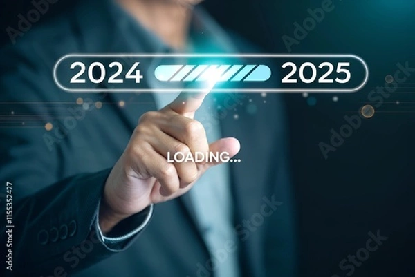 Fototapeta A man is loading the years 2024 to 2025 by placing his finger on the screen. He has made a new plan to improve his business or job.