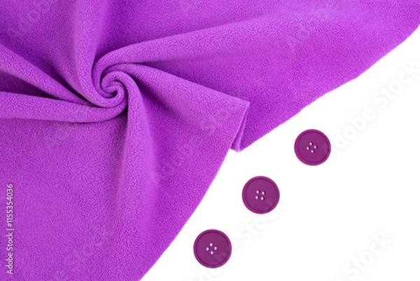 Fototapeta Light purple plastic buttons and purple fleece fabric on white background