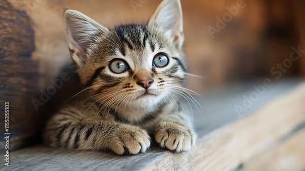 Fototapeta Cute tabby kitten with bright green eyes playfully resting on a rustic wooden surface : Generative AI