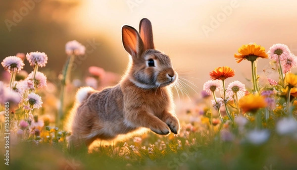 Fototapeta A small rabbit hops mid-air in a colorful field filled with wildflowers, its soft fur glowing in the warm light of sunset. Nature showcases its beauty as the rabbit plays