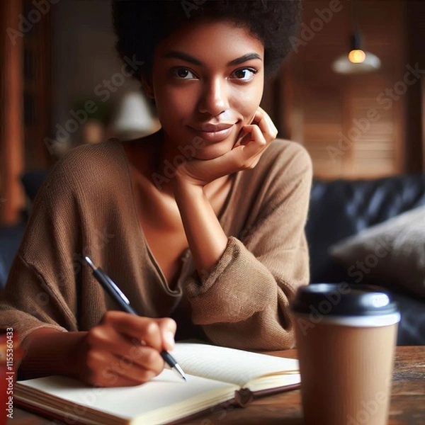 Fototapeta 32 A person writing in a journal looking at the camera Izobrajen