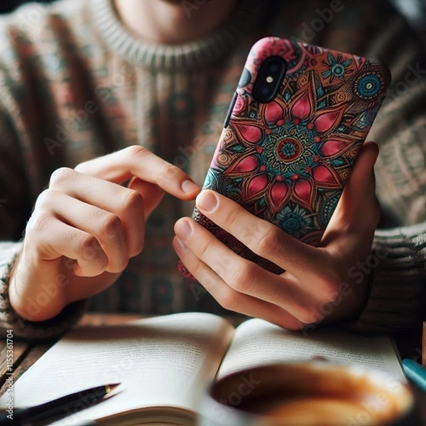 Fototapeta 3 A person interacting with a smartphone that has a bright patte
