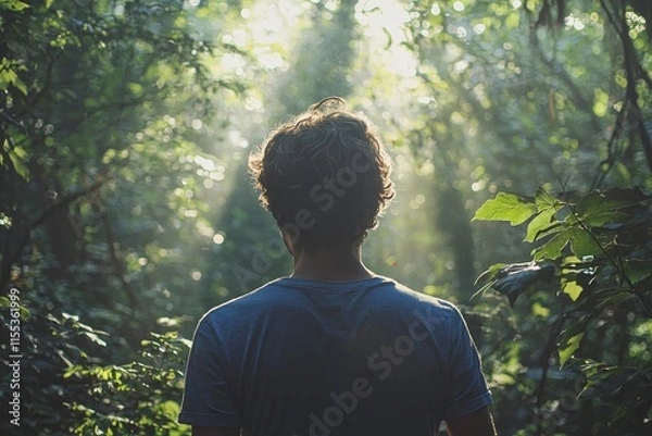 Fototapeta Man hiking through dense forest, sunlight streaming through trees.