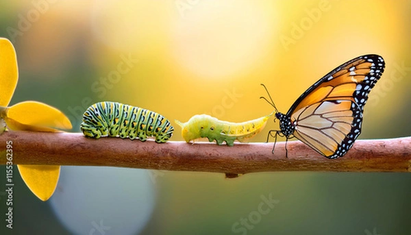 Obraz Witness the enchanting metamorphosis of a caterpillar as it transitions through the chrysalis stage to emerge as a stunning butterfly, showcasing nature's remarkable lifecycle