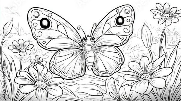 Obraz Coloring page of Beautiful Butterfly Outline with Flowers in a Garden Setting