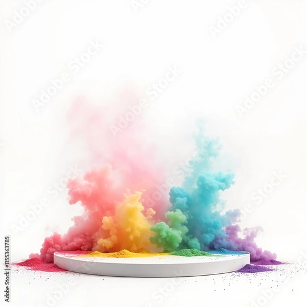 Fototapeta festive template for indian festival of colors holi, empty white round podium in the center among multicolored bright colors and colorful smoke