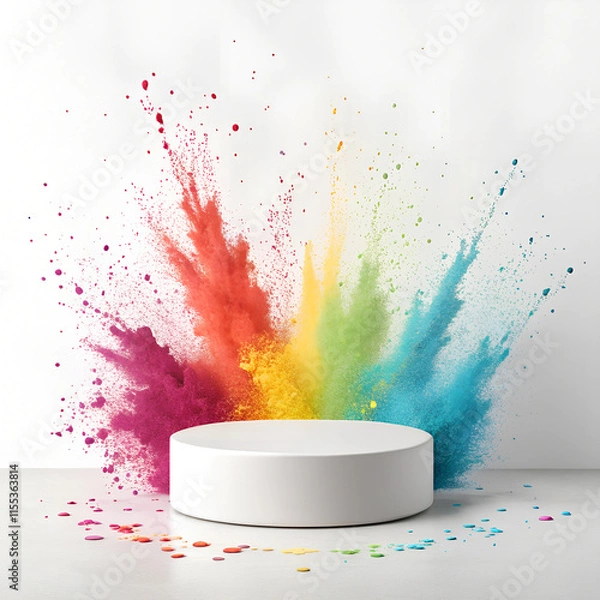 Fototapeta festive template for indian festival of colors holi, empty white round podium in the center among splashes of colors, background for card