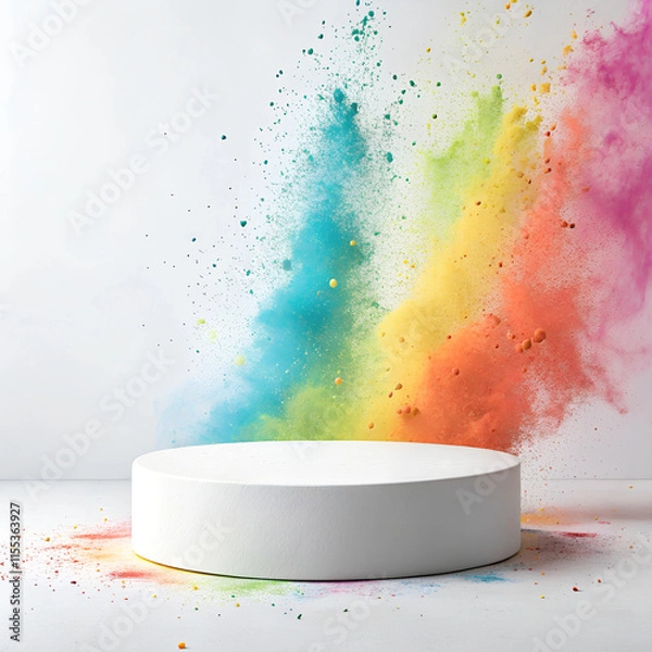 Fototapeta festive template for indian festival of colors holi, empty white round podium in the center among colorful paints