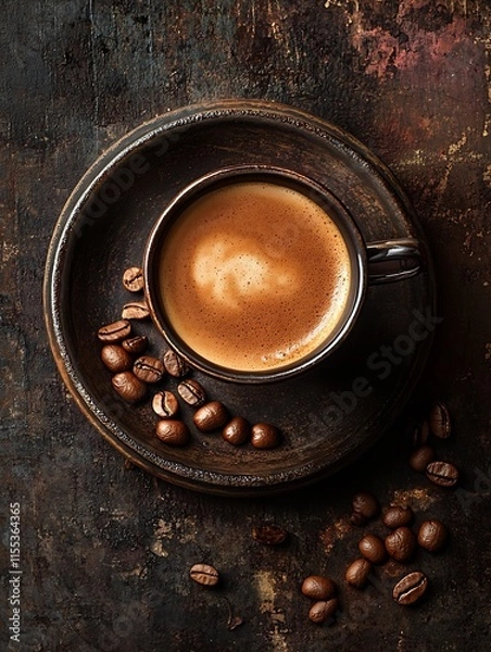 Fototapeta Aromatic Freshly Brewed Espresso in a Rustic Cup with Coffee Beans on Wooden Tabletop : Generative AI