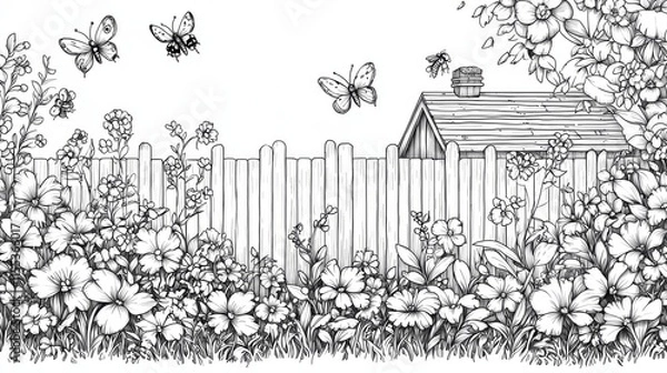 Fototapeta Coloring page of Beautiful Garden Scene with Flowers, Butterflies, and Hive