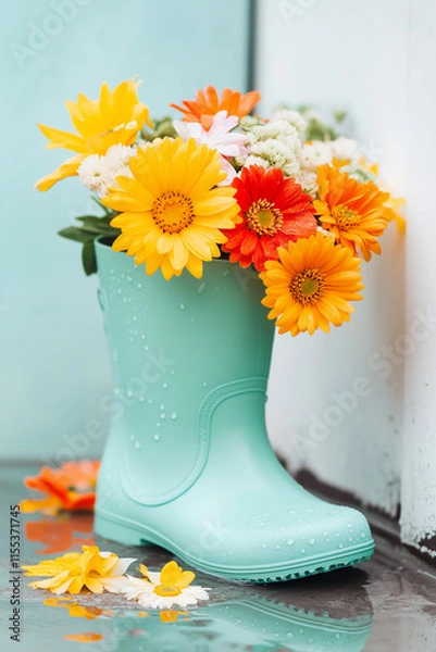 Fototapeta Vibrant flowers are arranged in a teal rubber boot on a sunny day in spring