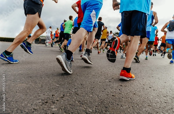Obraz three runners behind large group people running city marathon