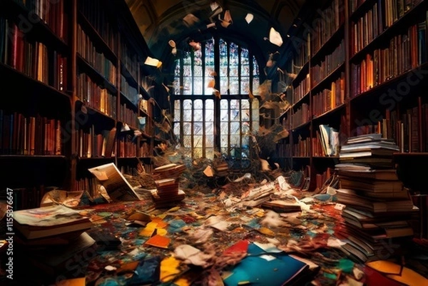 Fototapeta 86 a broken mirror image of a lively library with books and shel