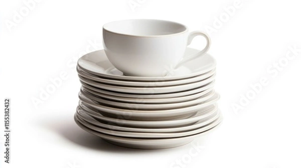 Obraz Stack of white ceramic plates and a cup arranged neatly isolated on a white background for kitchen or dining concepts.