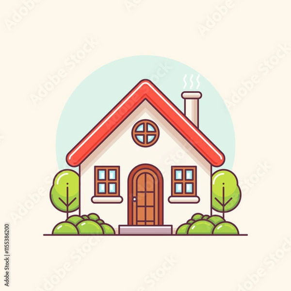 Obraz Cozy Cottage Illustration with Trees Chimney In Bold Minimalist Cartoon Design Style