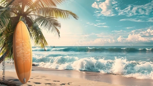 Fototapeta A surfboard leaning against a palm tree on a white sandy beach, with blue ocean in the background.