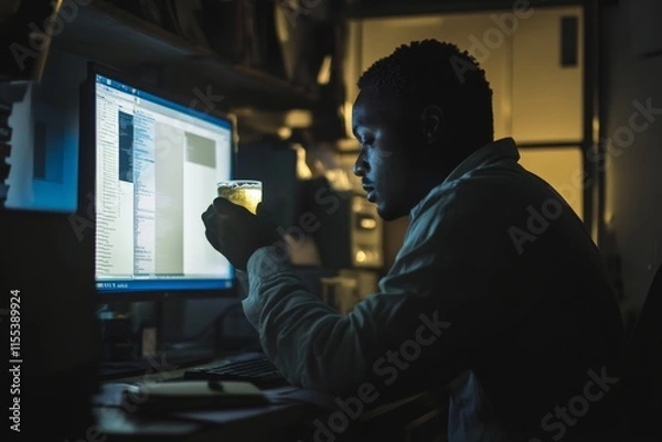 Fototapeta A person works intently at a computer in a dimly lit room, the screen light illuminating their face and a glass on their desk, embodying dedication and focus.