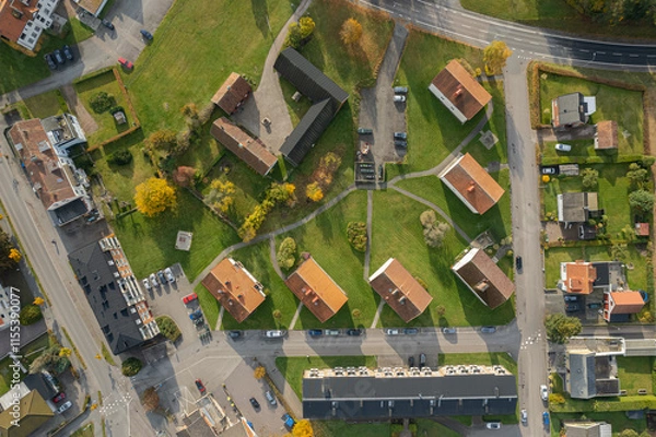 Fototapeta A series of low and cozy residential buildings in Europe. Old housing stock with well-organized courtyard infrastructure. Aerial view, drone shot.