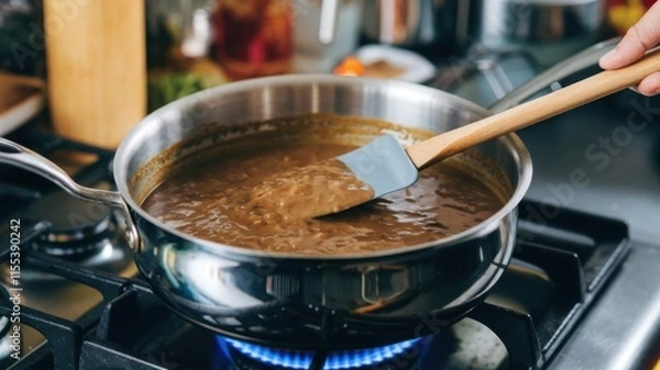 Fototapeta Close-Up Shot of a Pan with a Spatula in Hand Mixing Gravy Sauce, Capturing the Culinary Process of Stirring Ingredients During Home Cooking in the Kitchen