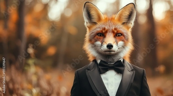 Fototapeta A fox head character wearing a formal tuxedo in a beautiful autumn forest, blending the wild and sophisticated in a unique artistic expression.