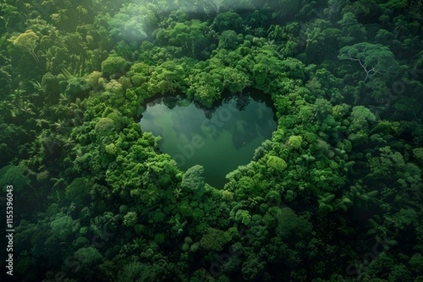 Obraz Aerial view of a heart shaped lake reflecting the lush green canopy of a tropical rainforest