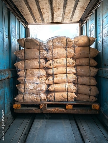 Fototapeta Cargo transportation featuring stacked sacks in shipping container : Generative AI