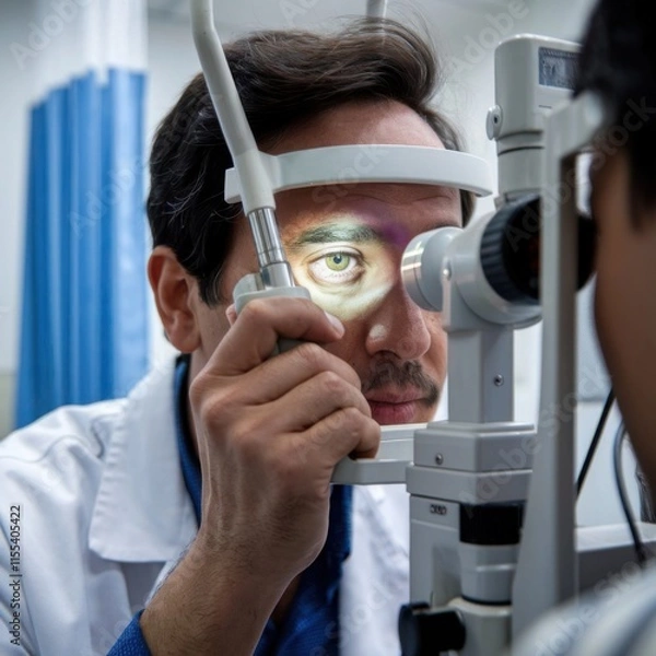 Fototapeta Close-Up of a Doctor Using an Ophthalmoscope to Examine a Patient’s Eye, Highlighting the Light Beam from the Tool and the Intensity of the Doctor’s Attention, Demonstrating Medical Precision
