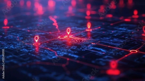 Obraz Red glowing location pins pulsating on a futuristic digital city map with interconnected lines and circuits, creating a high-tech navigation concept