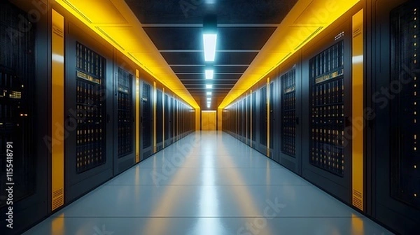 Fototapeta Modern data center interior, server room with black and yellow racks, clean white floor, industrial ceiling, LED lighting, symmetrical corridor perspective, high-tech infrastructure.