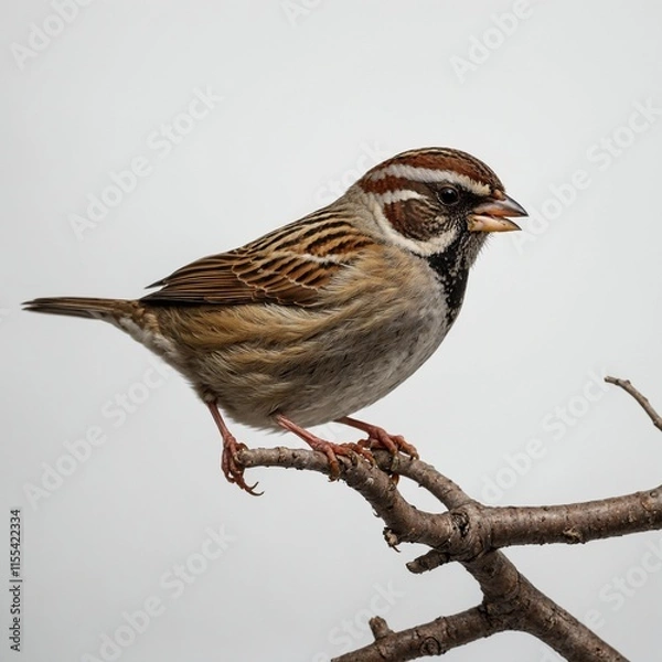 Fototapeta A sparrow hopping across a branch, set on a white background.