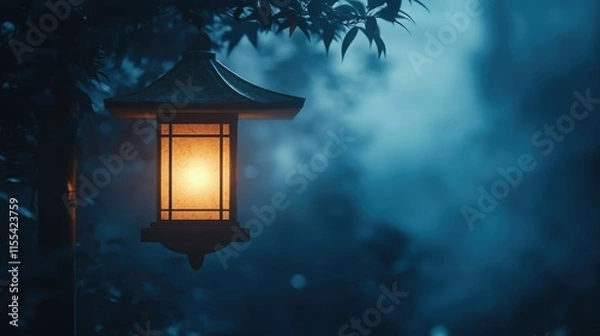 Fototapeta A serene nightscape featuring a glowing lantern, its warm light piercing through a bluish haze.
