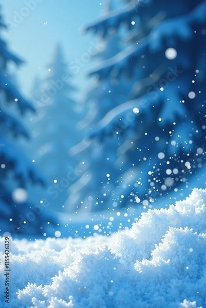 Fototapeta A flurry of blue snowflakes dance in the air amidst a backdrop of pristine white, snowy tempest, icy wind