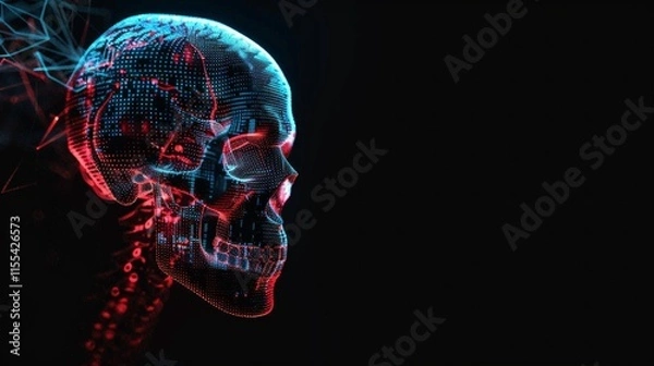 Obraz Futuristic digital skull made of binary code in glowing red and blue colors on a dark background, symbolizing artificial intelligence and cybernetics.