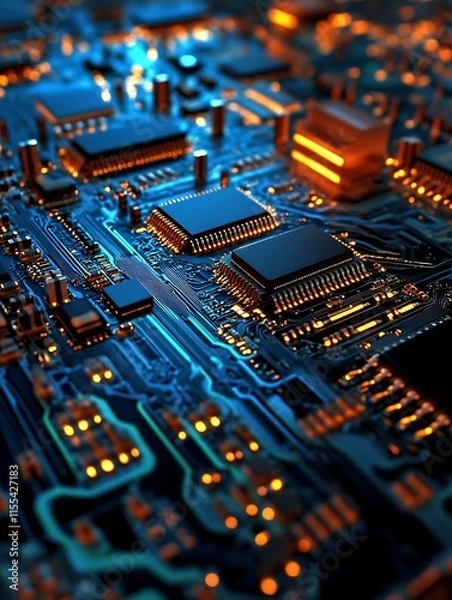 Fototapeta Intricate Circuit Board Closeup with Glowing Elements Demonstrating Advanced Electronics and Technology : Generative AI