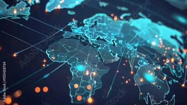 Fototapeta Digital world map with glowing blue grid and data points, showcasing futuristic technology and global connectivity concepts.
